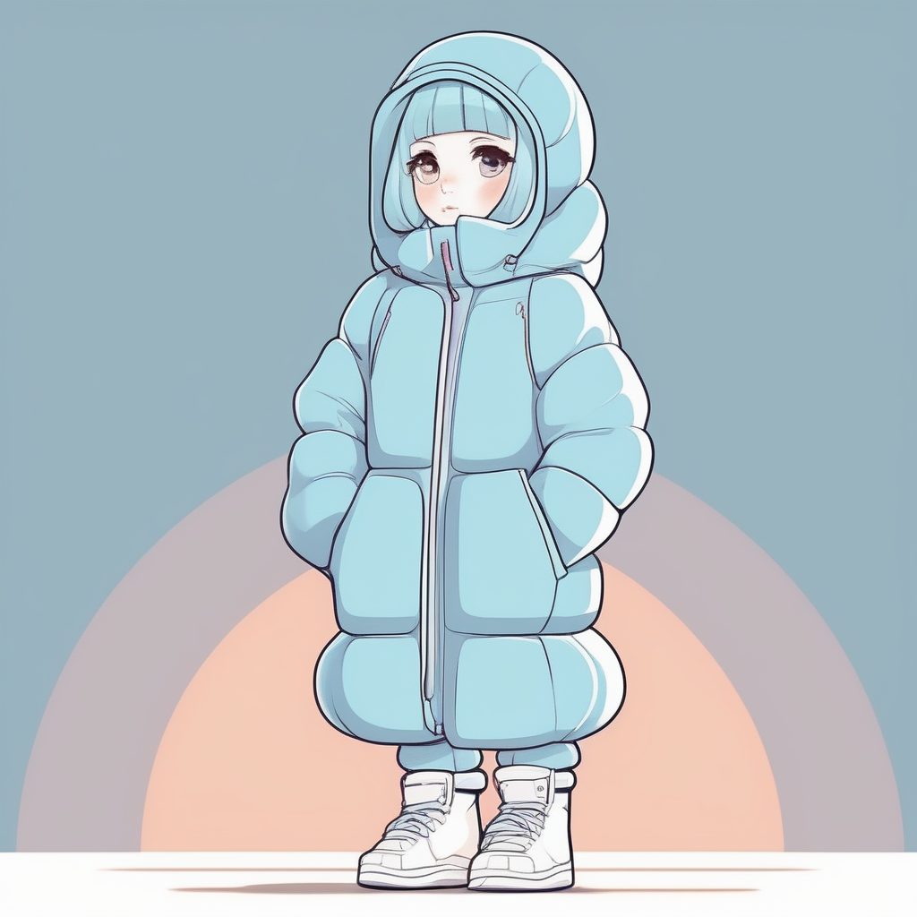 爆款AI插画:冬季Oversize羽绒服Q版女孩全身像,极简纯色背景