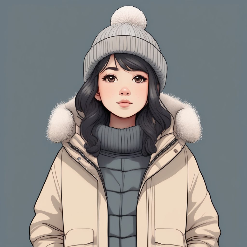 爆款AI插画:冬日潮流Q版女孩全身像,极简风纯色背景提示词