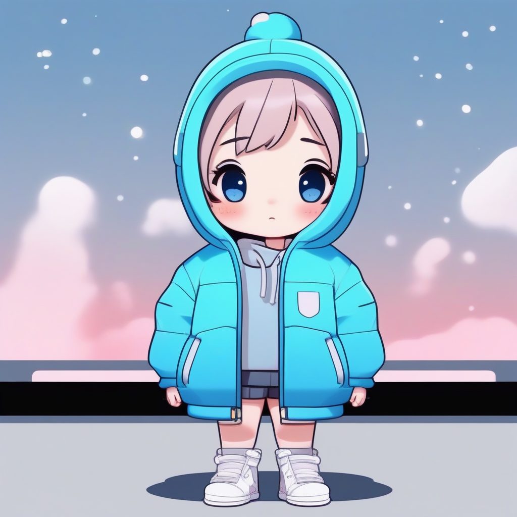 爆款AI绘画:超大号羽绒服Q版女孩全身像提示词,纯蓝背景