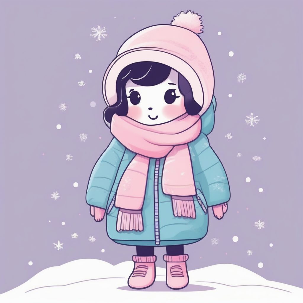 爆款AI绘画:冬日潮流Q版人物穿搭图鉴,马卡龙色系极简涂鸦插画提示词 (全身站立)