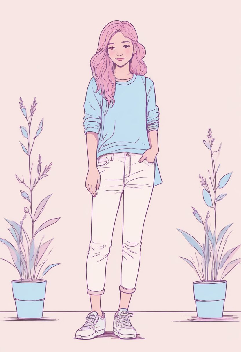 爆款AI绘画：极简风全身像，粉蓝系少女穿搭，高品质矢量插画