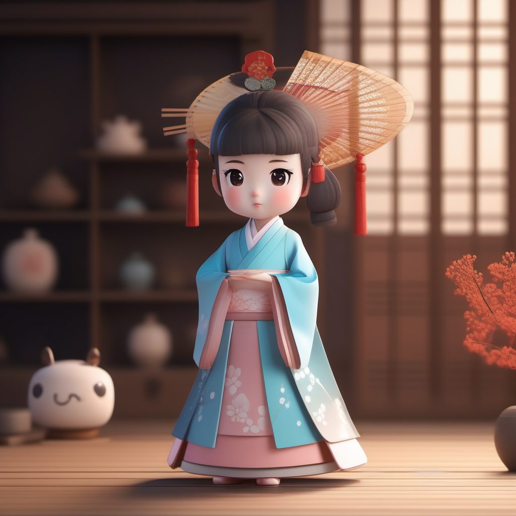 爆款AI提示词:C4D盲盒风Q版汉服小女孩!3D全身站立渲染教程(Ray Tracing)