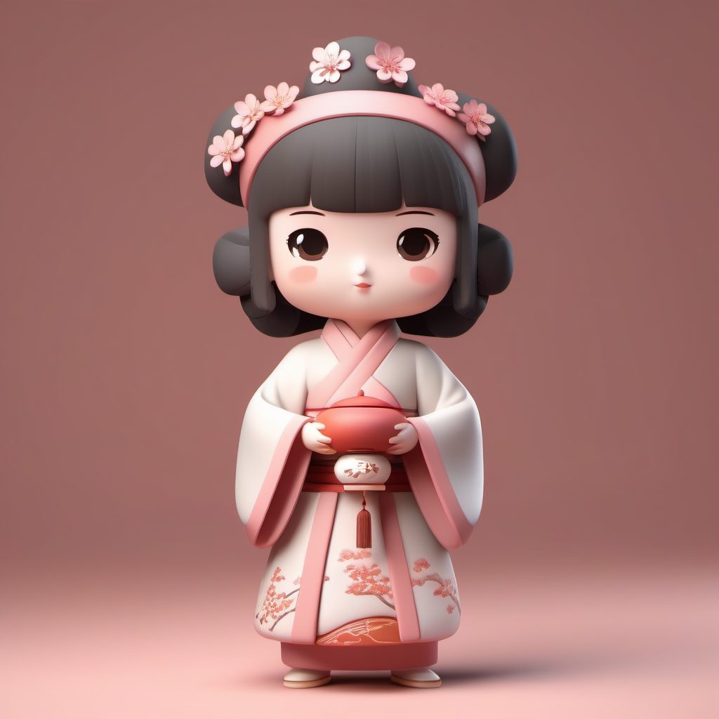 爆款C4D渲染!粉色系Q版汉服小女孩(马面裙)盲盒手办全身照提示词