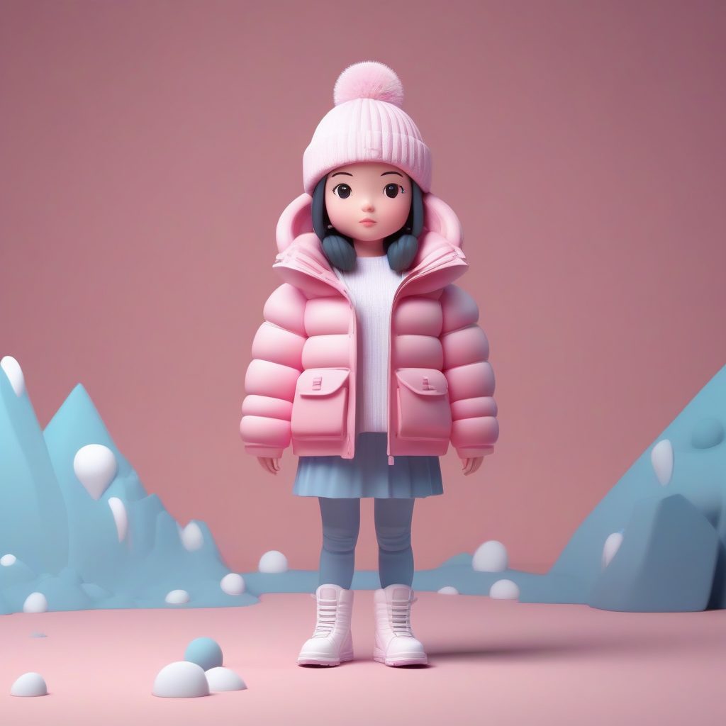 爆款C4D渲染:Q版盲盒女孩冬日粉色派克大衣穿搭AI提示词