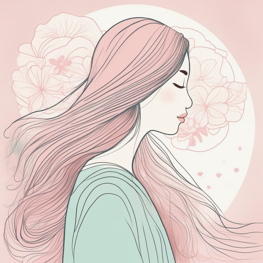 爆款关键词:极简线稿下的长发披肩少女,粉蓝系清新侧影