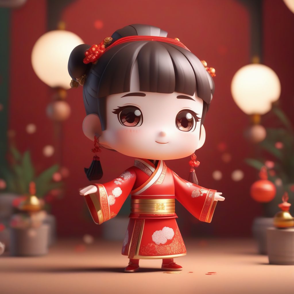 爆款红色旗袍Q版手办:春节主题动态姿势,Octane渲染提示词 9 爆款红色旗袍Q版手办:春节主题动态姿势,Octane渲染提示词