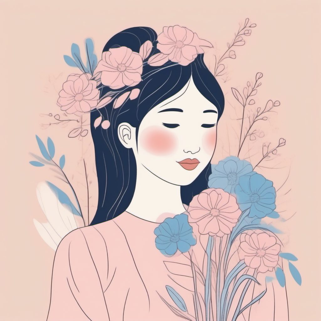 爆款灵感:手拿花束的日系女孩粉蓝极简线稿生成