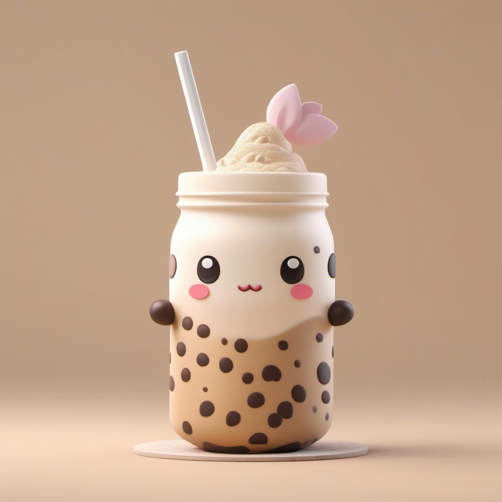 爆款生成!Pop Mart风格Q版珍珠奶茶角色:C4D高细节全身立绘与马卡龙配色