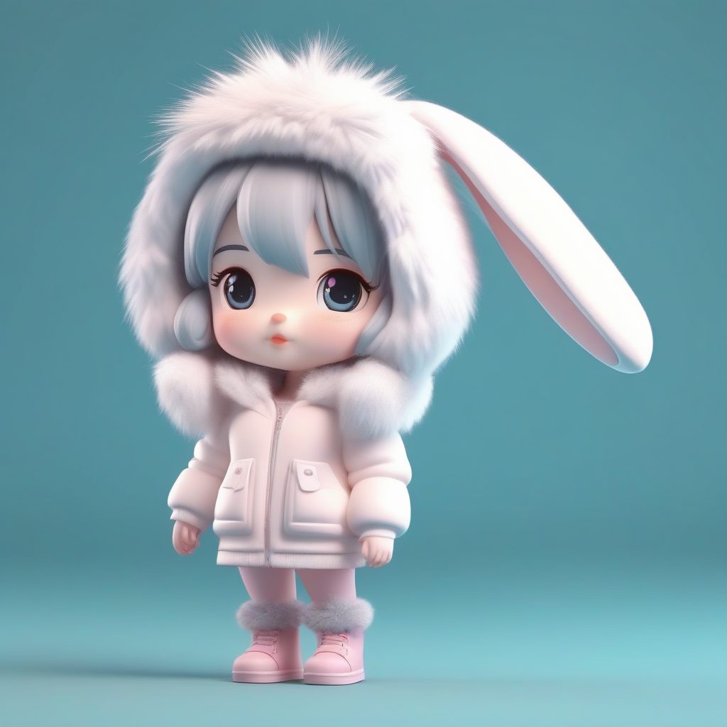 爆款生成:雪地兔Q版女孩,3D粘土盲盒全身像,高光泽渲染