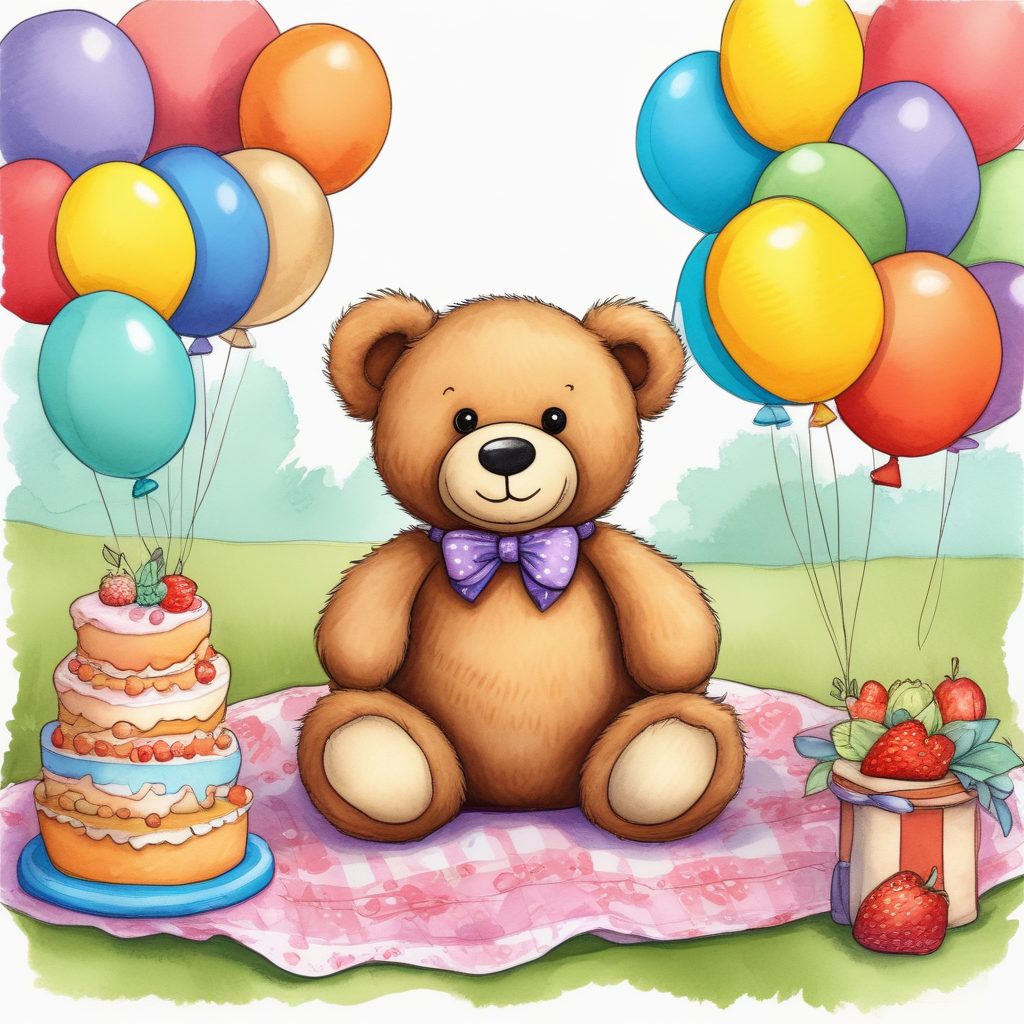 爆款泰迪熊插画:扁平可爱手绘风格野餐场景(温馨提示词)