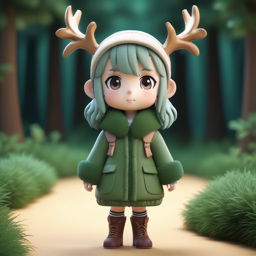 爆款贴图：戴鹿角发箍的Q版冬日少女，全身站立，3D盲盒手办，森林绿色背景