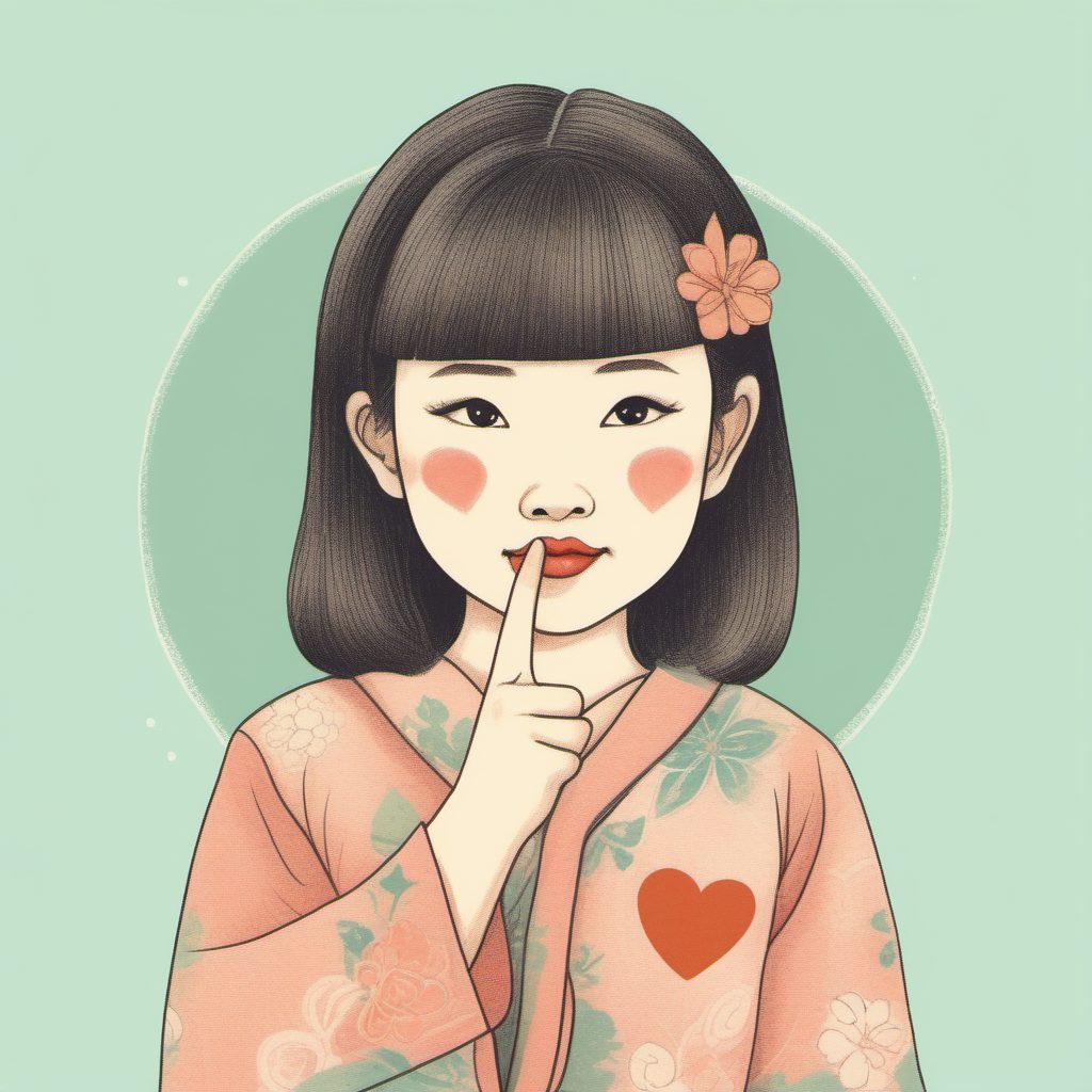 爆款头像：AI生成比心手势的粉蓝系日系女孩插画