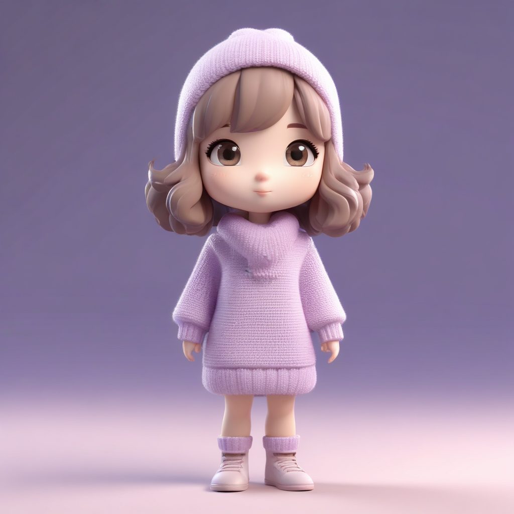 爆款头像|羞涩Q版女孩黏土渲染：冬日针织裙搭配薰衣草纯色背景