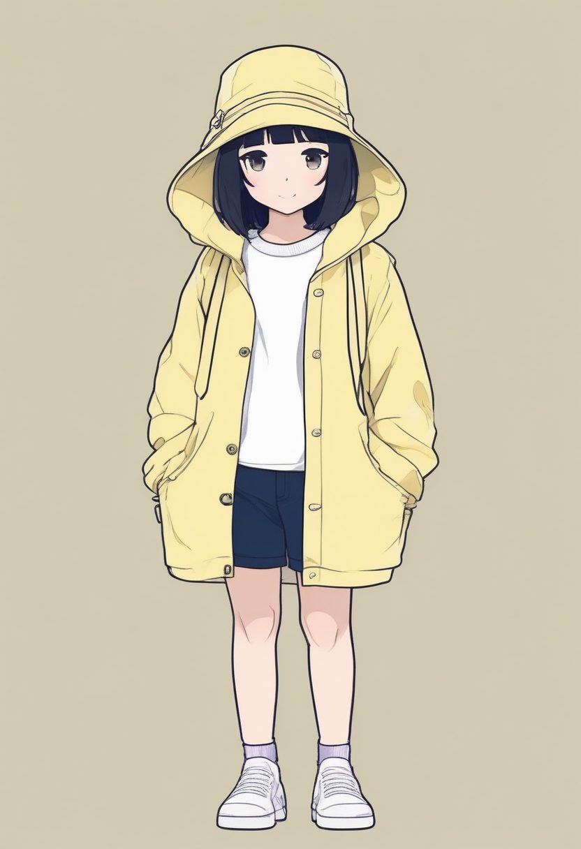 🎉 爆款预定!日系少女渔夫帽极简线稿,全身照纯色背景AI绘画提示词。