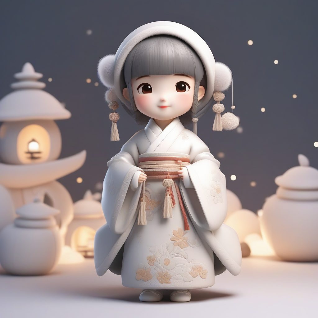 抱团子:Q版冬日汉服女孩3D手办图,全身站立及纯色背景提示词