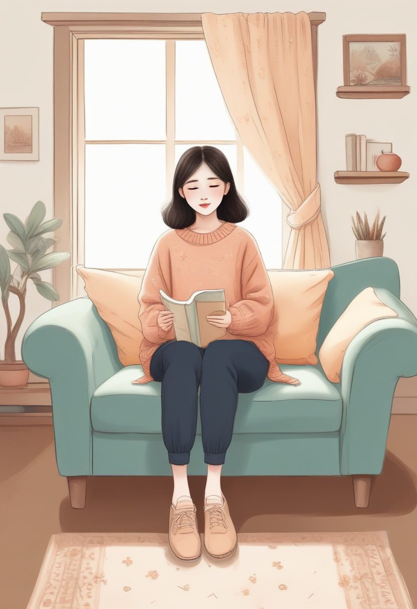 💡宝藏提示词：故事书插画风，韩系少女室内居家冬日穿搭壁纸