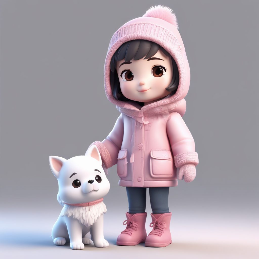 抱着小狗的Q版少女：毛绒手套与温柔表情的3D盲盒渲染