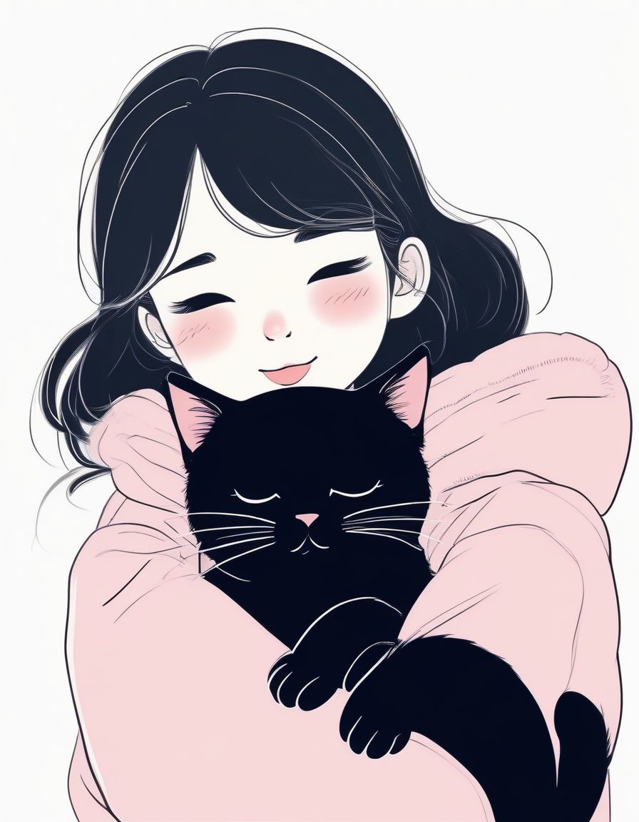 🐈‍⬛抱着小黑猫！极简线稿插画，日系少女的可爱瞬间