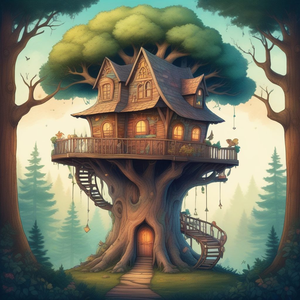 🍓AI神图！治愈系森林巨树屋，蜡笔手绘风，做头像/背景图太棒