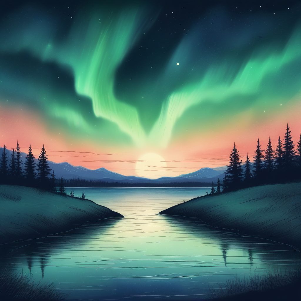 北欧极光：极简手绘风景插画，粉彩夜空，氛围感手机壁纸