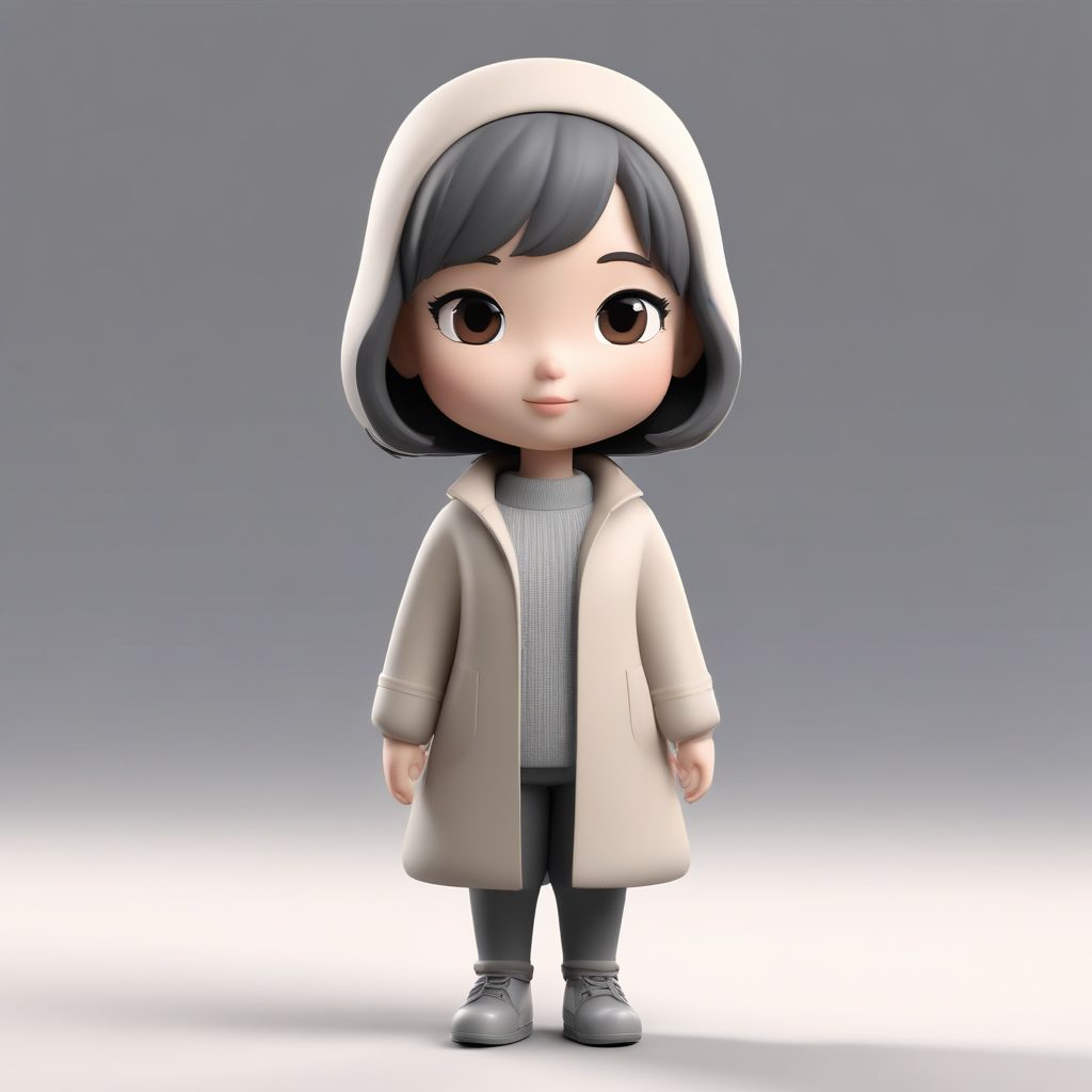 北欧简约风Q版:灰色羊绒大衣的极简高级感AI插画