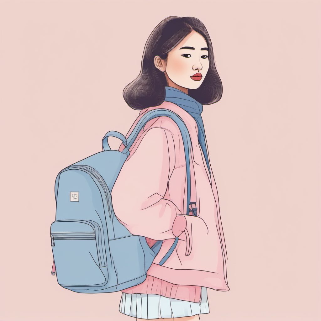 背着小书包的她:极简治愈系学生装扮AI插画
