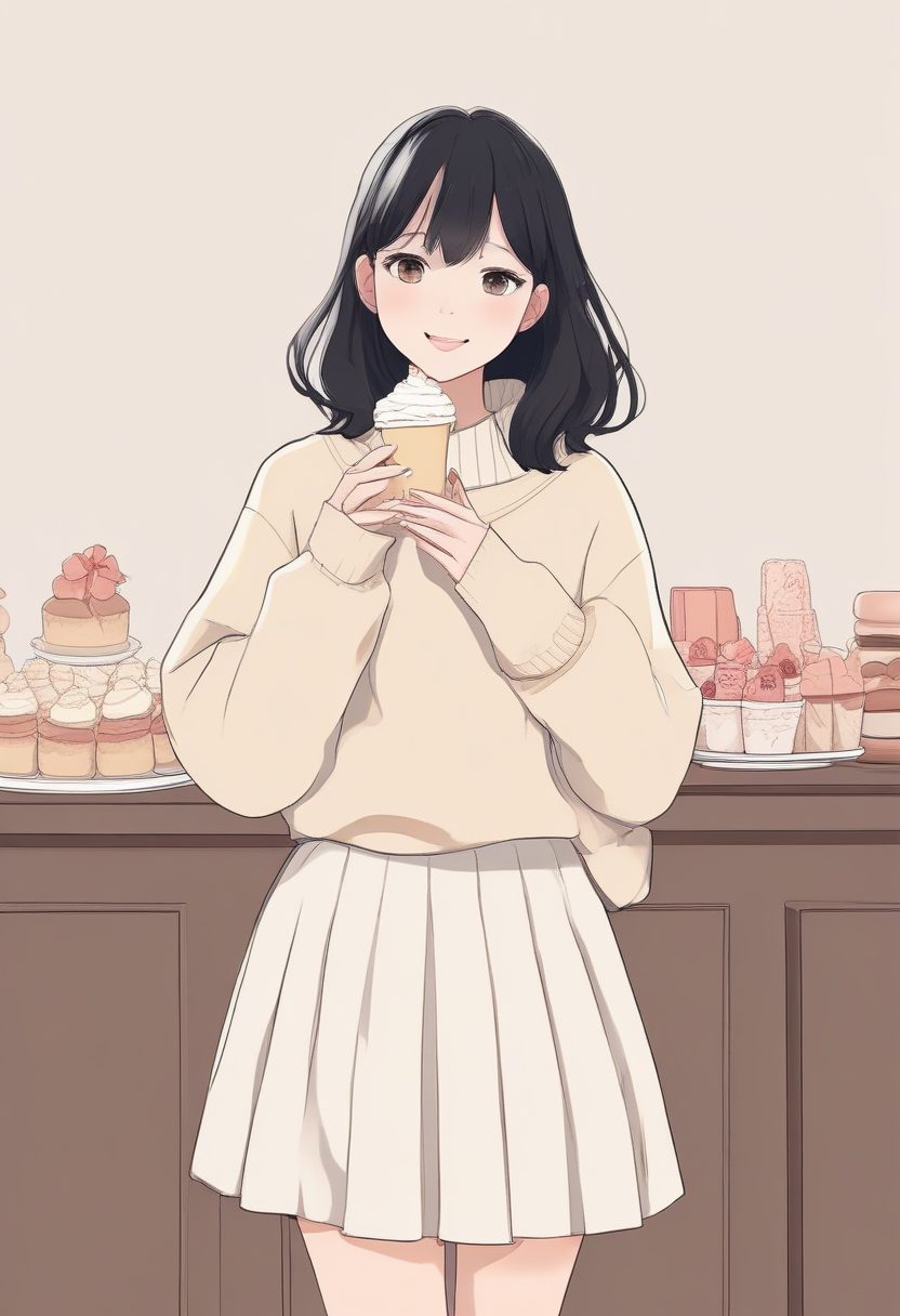 🍦 冰淇淋色：可爱少女极简线稿插画，米白色冬日穿搭，纯色背景壁纸。