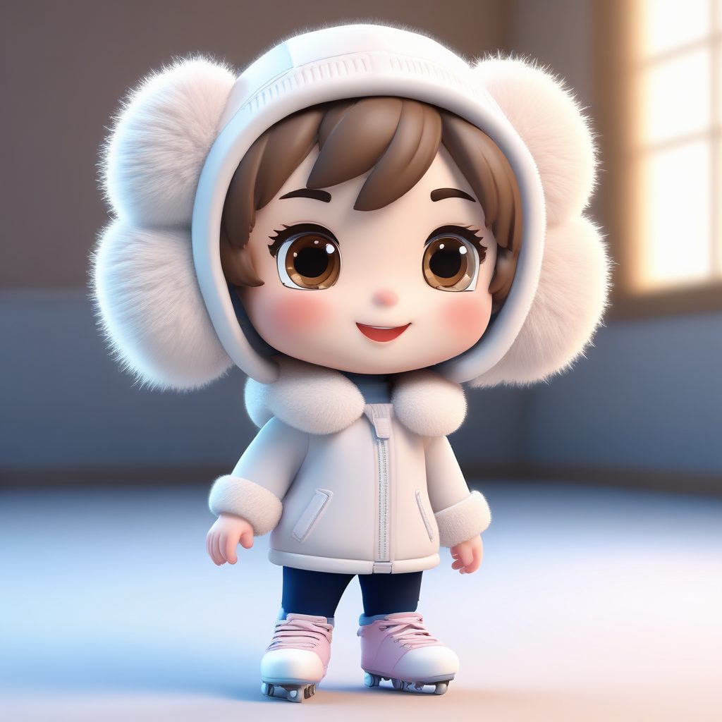 冰雪运动Q版少女:白色毛绒耳罩与决心表情3D盲盒手办