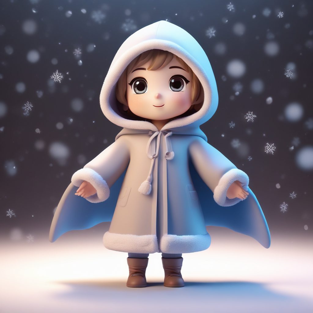 捕捉雪花瞬间:Q版斗篷女孩的惊讶表情3D高细节渲染