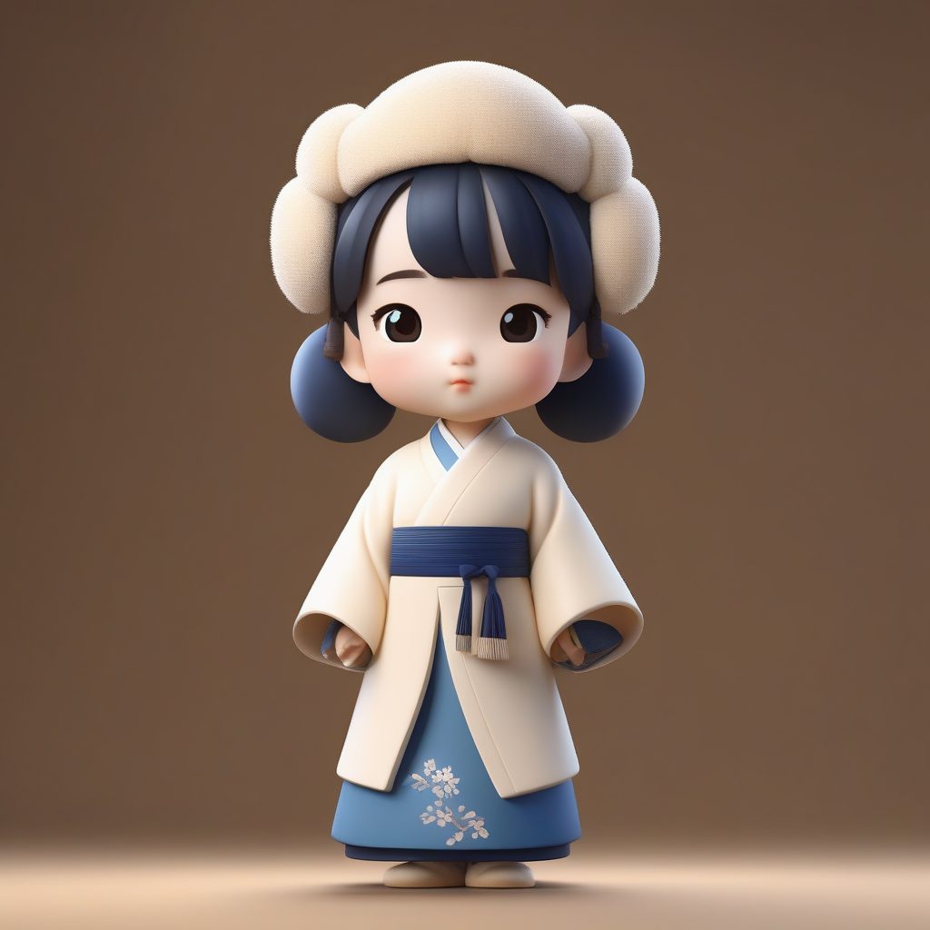 C4D八度渲染:带毛绒耳罩的Q版冬日汉服女孩全身图,高细节粘土材质