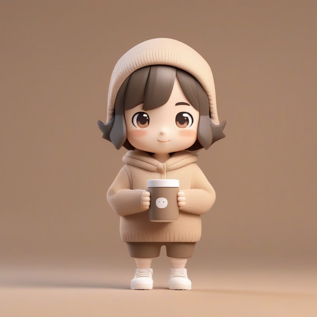 C4D高抛光Q版情侣手办：超治愈咖啡主题3D盲盒全身站立AI提示词