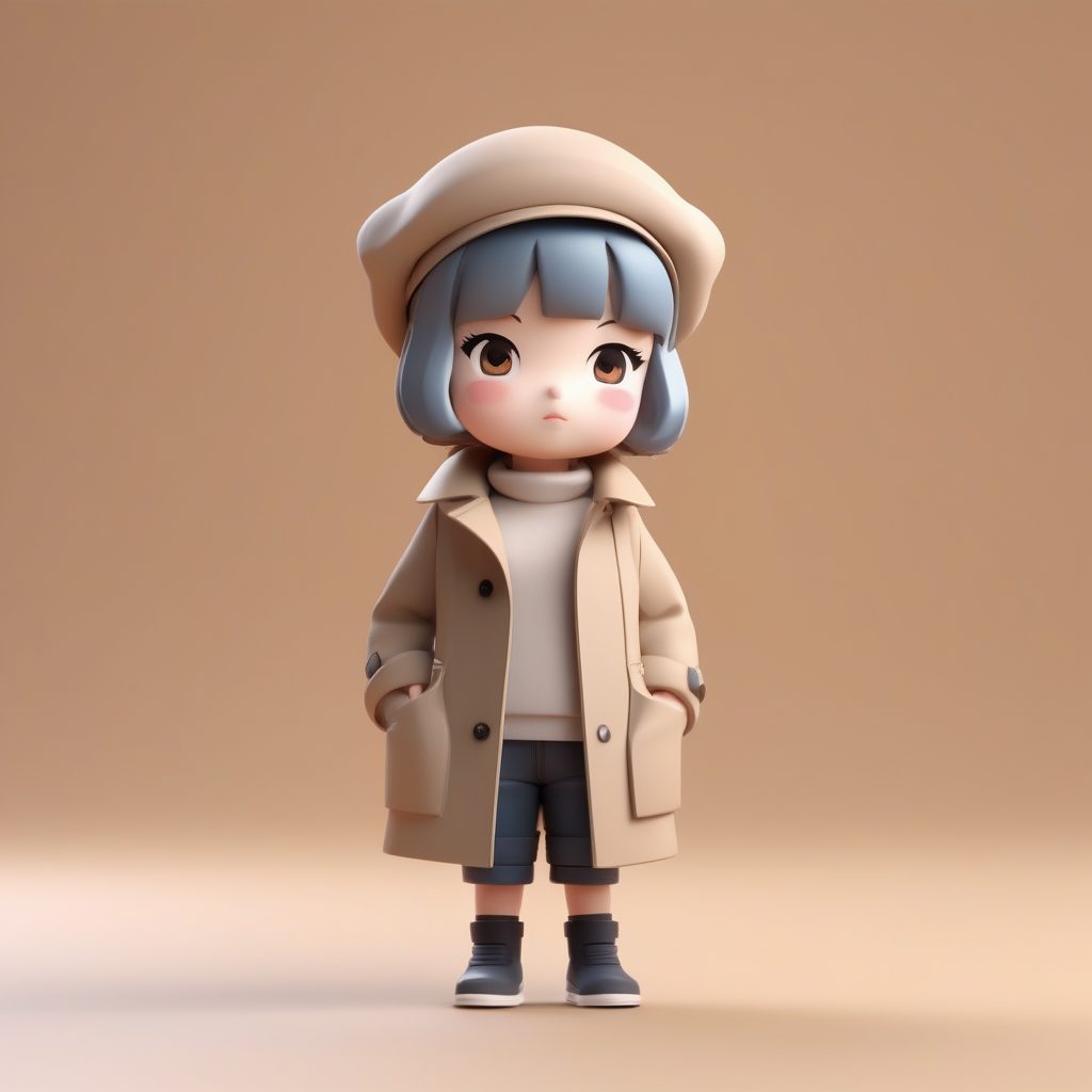 C4D建模:冬日卡其色风衣Q版人物全身像,极简主义AI提示词