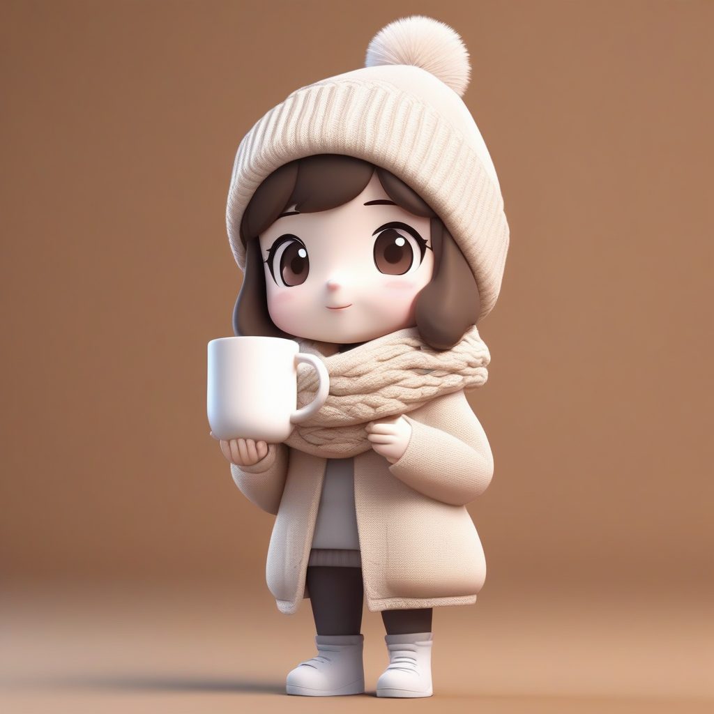 C4D建模级：米白色毛线围巾Q版女孩冬日全身像AI提示词