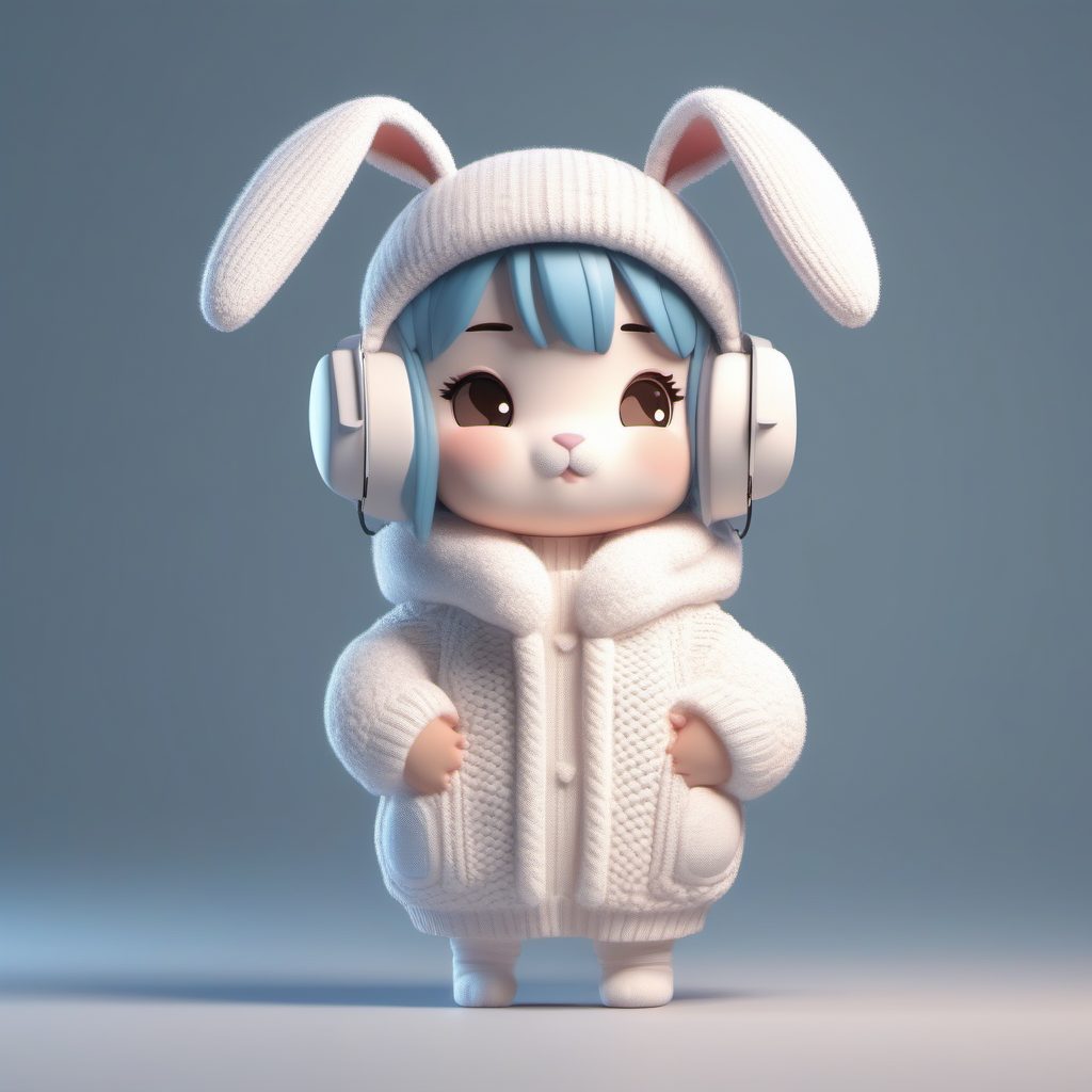 C4D软萌黏土风:冬季治愈系兔耳娘Q版手办全身站立照AI提示词