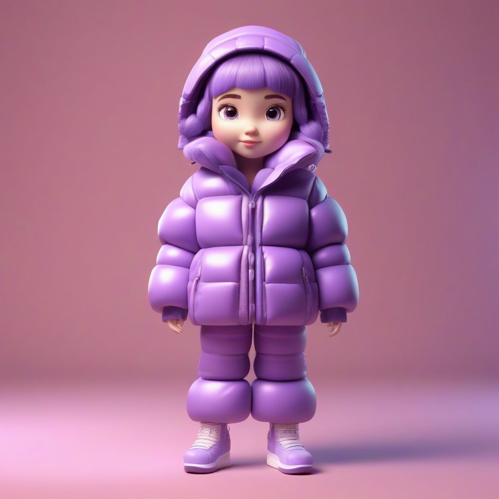 C4D渲染冬季潮流:Q版女孩盲盒手办,全身像穿搭AI提示词(紫色羽绒服)