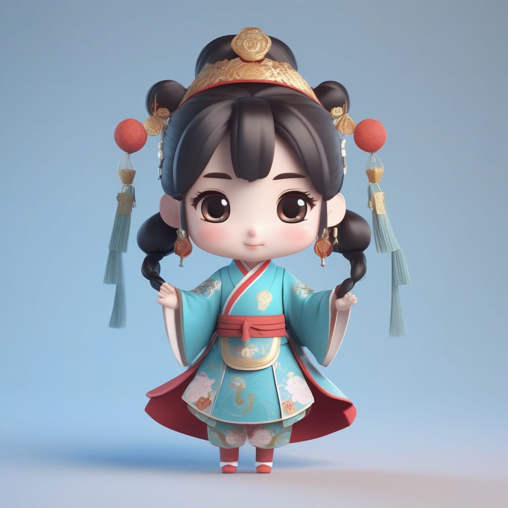 C4D Q版汉服小女孩AI提示词：明制马面裙，全身站立动态手办渲染教程