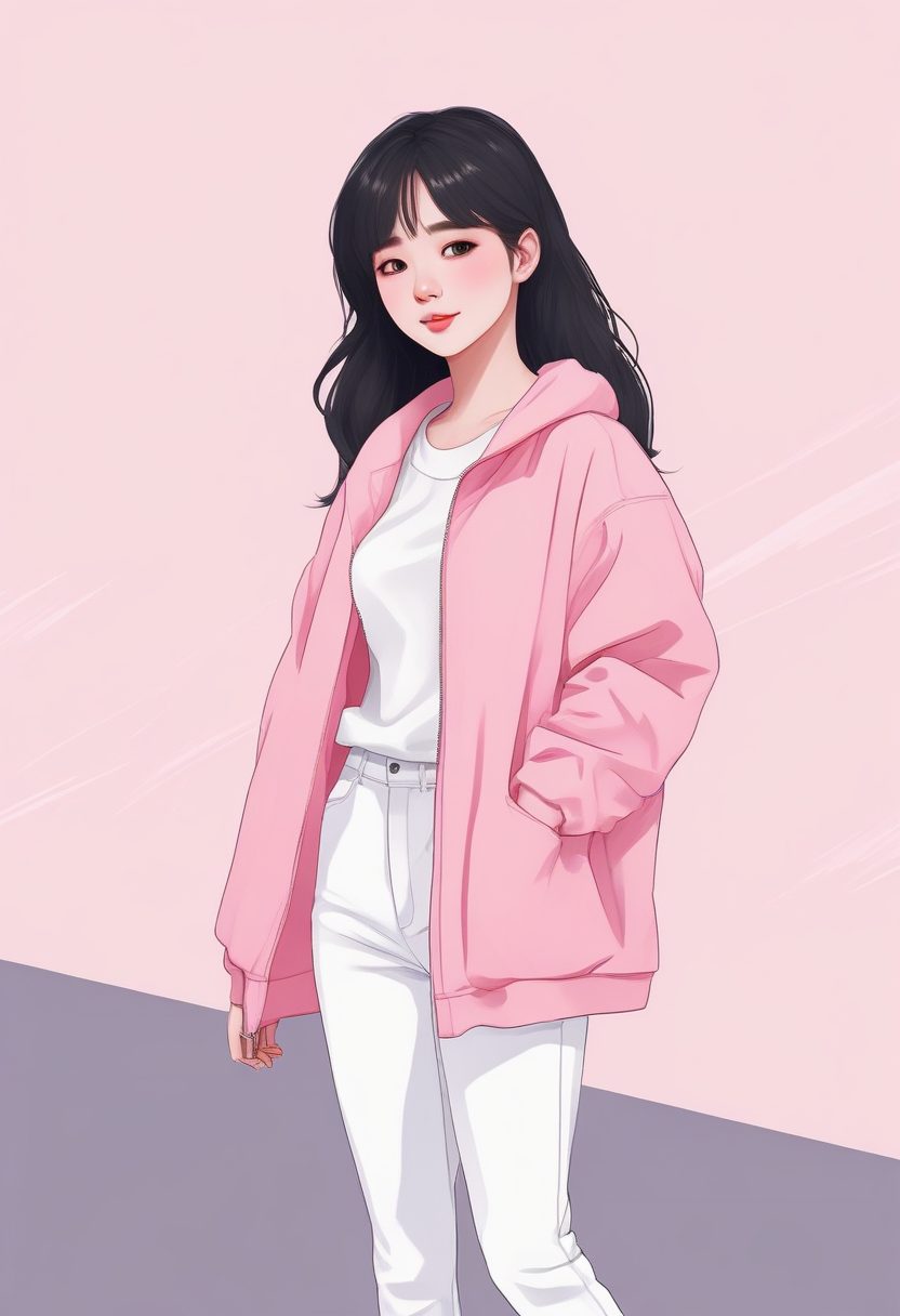 🍓草莓牛奶粉!甜美风韩系少女极简插画,全身照纯色背景头像素材