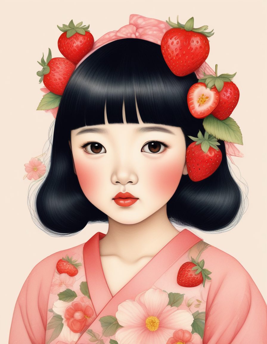 草莓派对:AI生成治愈系草莓元素日系少女插画,高点击秘诀!
