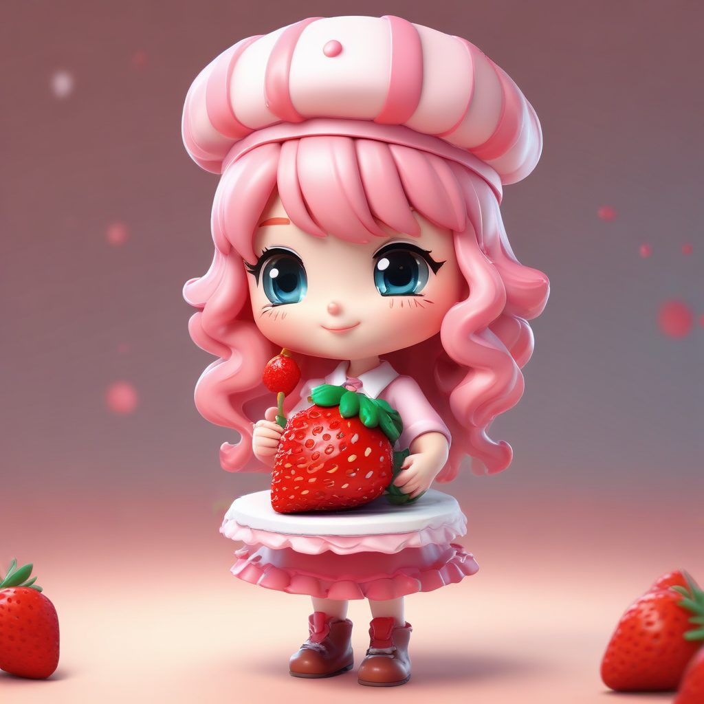 🍓草莓甜心！超萌黏土质感甜点师Q版，马卡龙配色C4D全身像