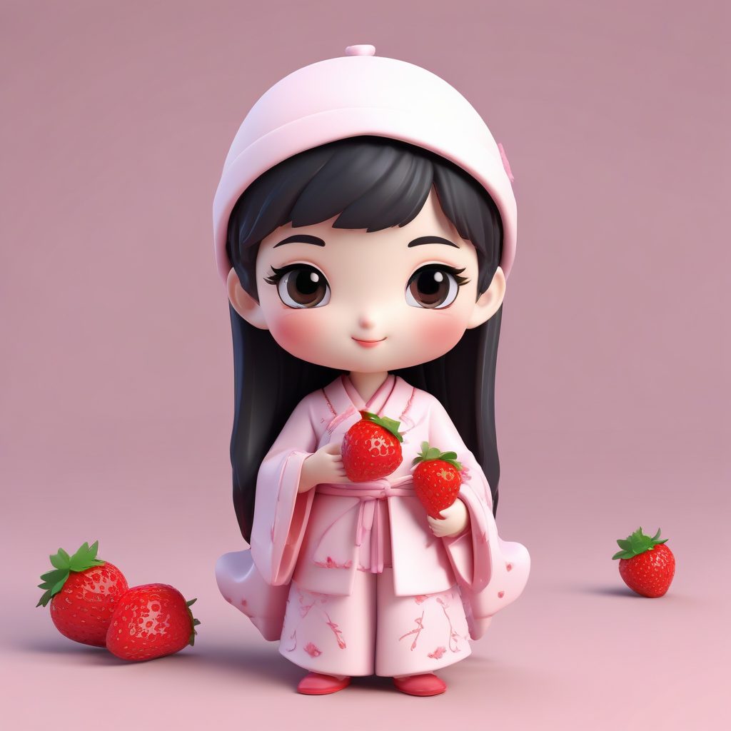 🍓草莓甜心！粉白国风Q版全身图，C4D黏土手办高细节分享