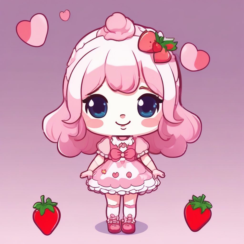 🍓草莓甜心Q版！粉嫩泡泡袖连衣裙全身照，马卡龙配色爆款提示词