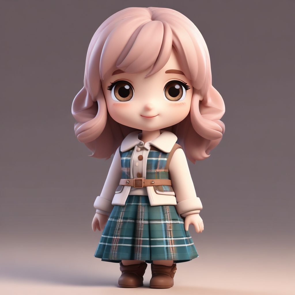 侧身回眸:卷发Q版少女的甜美侧脸3D高细节渲染