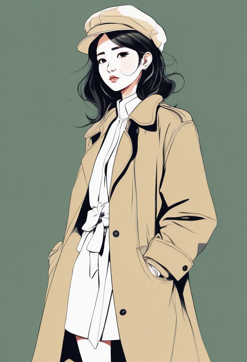 💡侧颜杀！极简线稿插画，长款大衣韩系少女，全身照纯白背景图