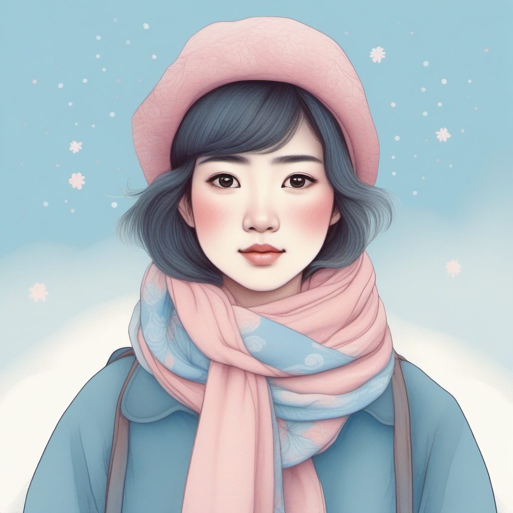 长尾词:极简线稿下的日系围巾少女,粉蓝温暖配色秘籍