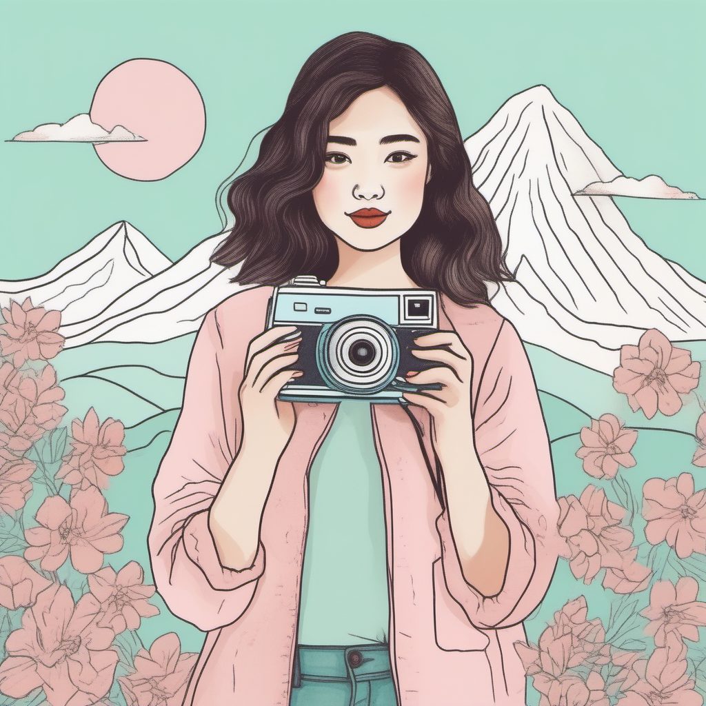 长尾热词:手拿拍立得的日系摄影少女,粉蓝极简线稿