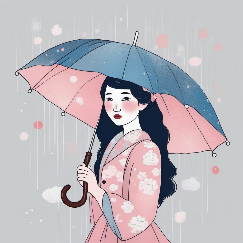 长尾搜索词:雨中撑伞的日系洛丽塔风少女,极简粉蓝线稿