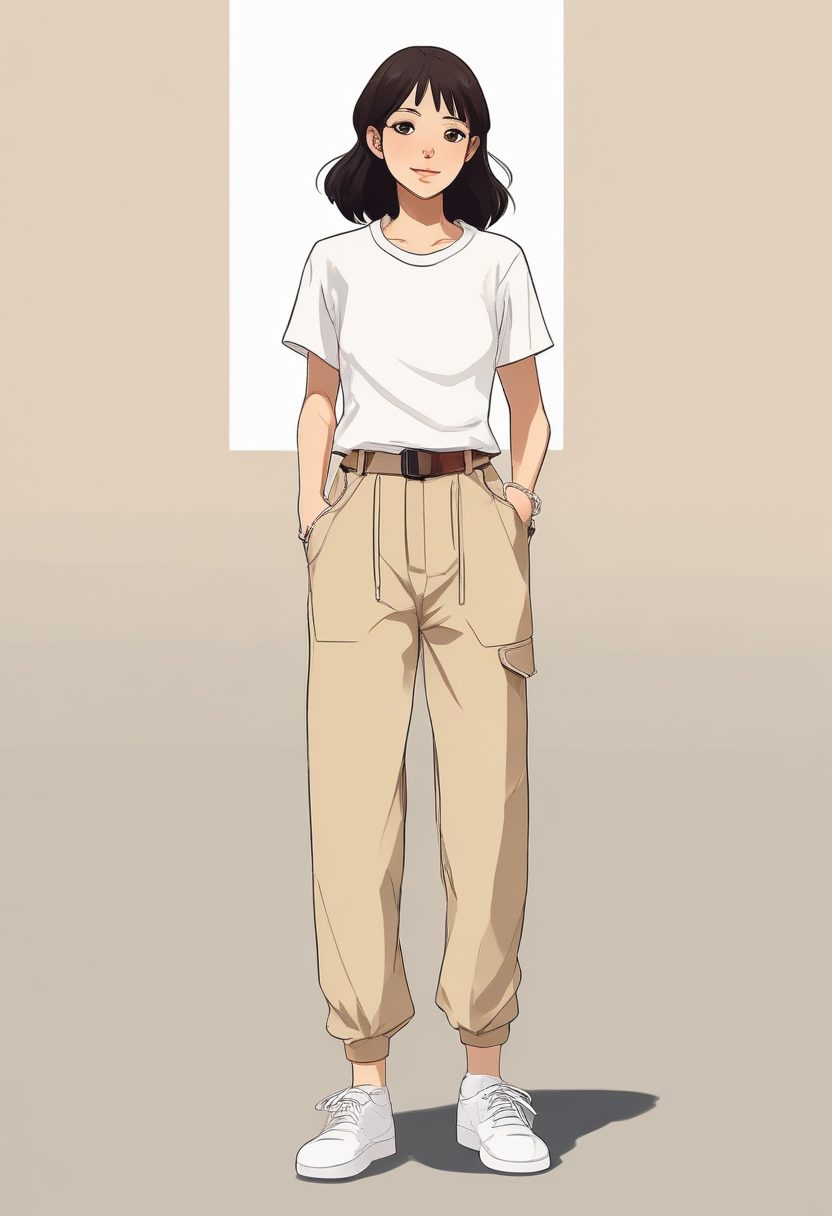 🎀 超百搭：米色工装裤少女极简线稿，冬日穿搭全身图，纯色壁纸。