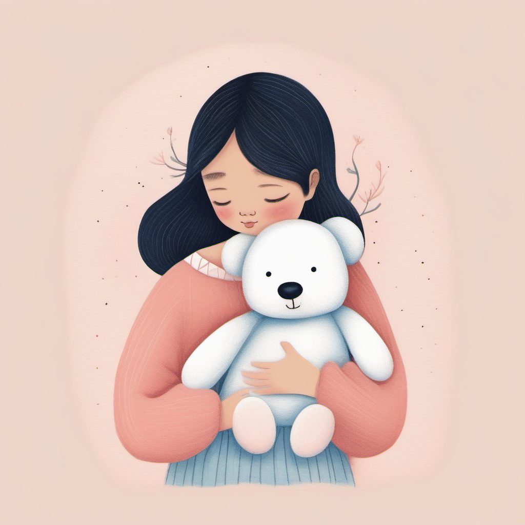 超可爱手办风:AI生成抱着毛绒玩具的粉蓝系女孩插画
