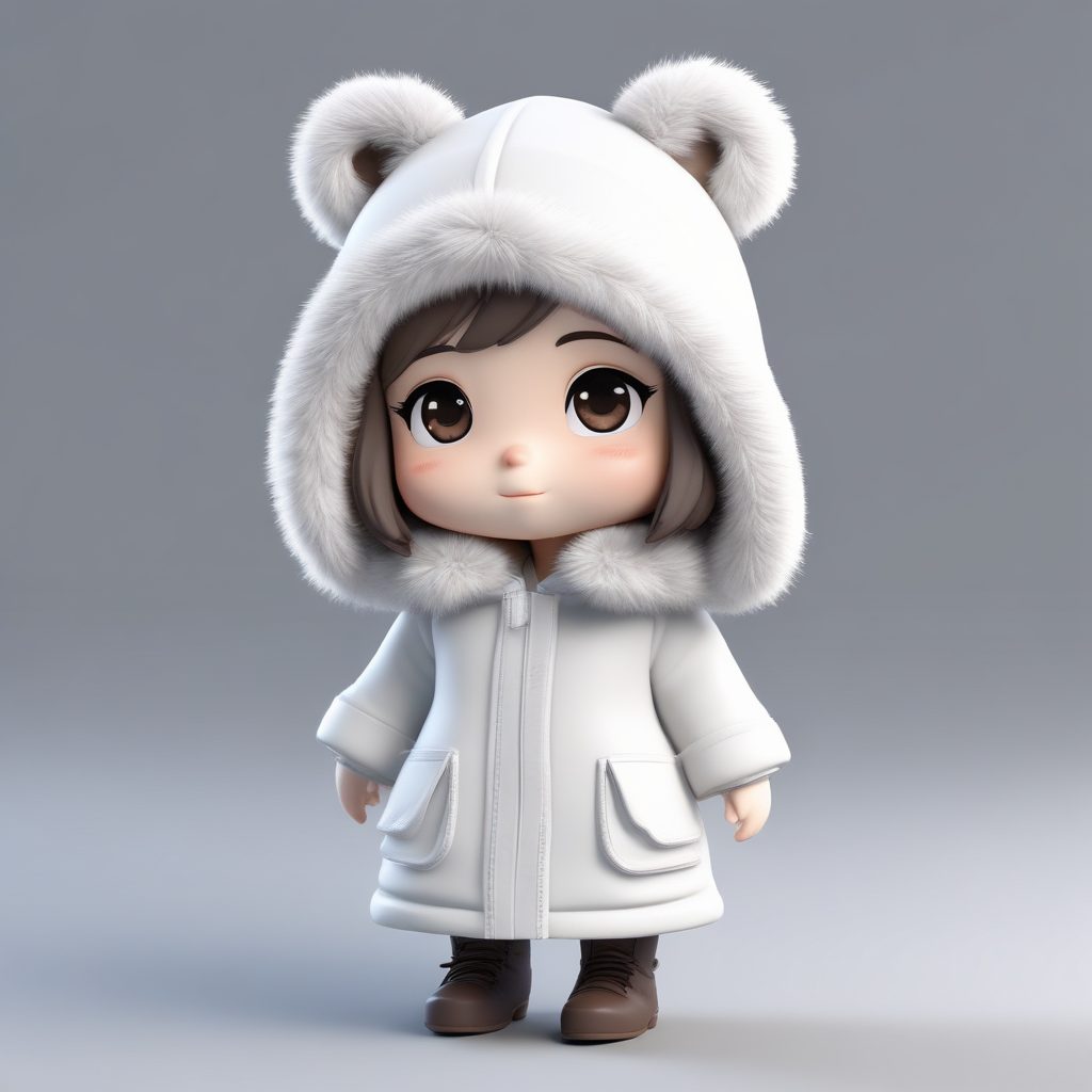 超冷感|毛绒兜帽Q版女孩：纯白冰雪背景，高细节黏土手办