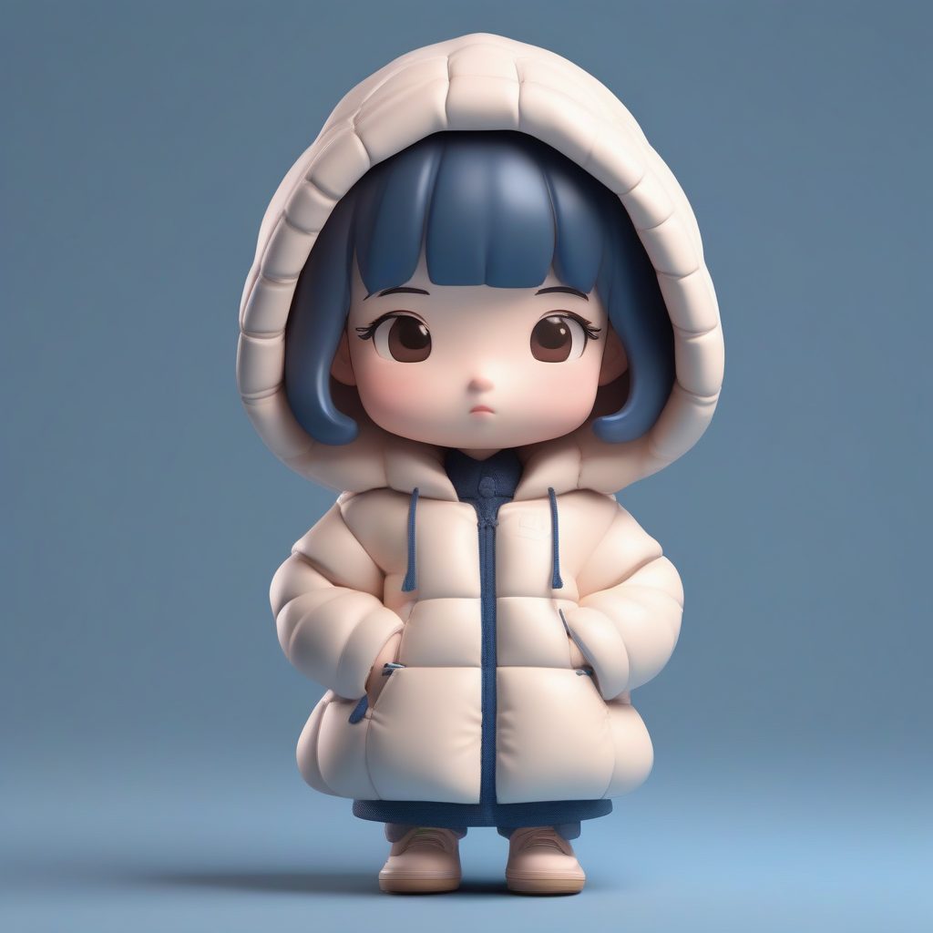 潮流混搭：超大羽绒服下的Q版旗袍少女，害羞表情粘土手办渲染